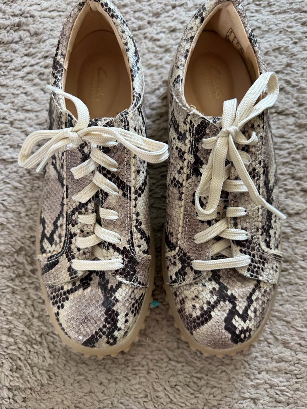 Clarks Snake-Print Cream Lace-Up Sneakers